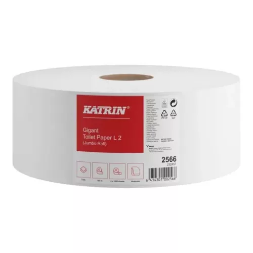 Katrin Plus Jumbo toalettpapír, 2r., fehér, 250m/1000 lap (6 tekercs/karton, 48karton/raklap)