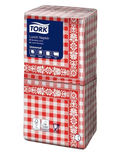 Tork szalvéta Lunch Universal PIROS KOCKÁS 1r., 1/4 hajtás, 33X32cm, 400db/csg, 8csg/karton