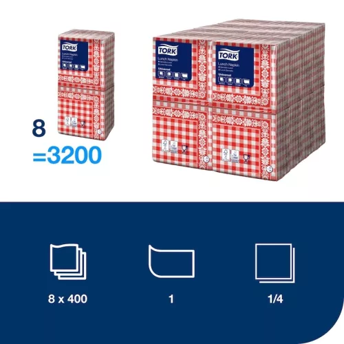 Tork szalvéta Lunch Universal PIROS KOCKÁS 1r., 1/4 hajtás, 33X32cm, 400db/csg, 8csg/karton