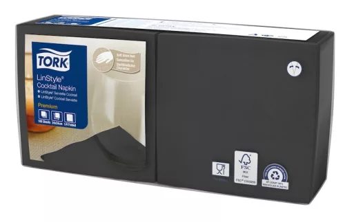 Tork szalvéta Linstyle koktél, premium textilhatású, FEKETE, 1/4, 100db/csg, 14csg/karton