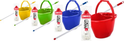Bonus Felmosó szett-vödör PIROS 11L  csavaró kosár, felmosó nyél 120cm CottonMop 190gr