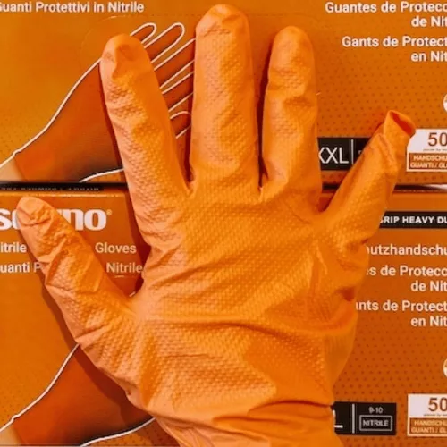 SETINO gumikesztyű Nitril - 8.5g  Narancssárga, ERŐSÍTETT "XL" (50db/doboz, 10doboz/karton)