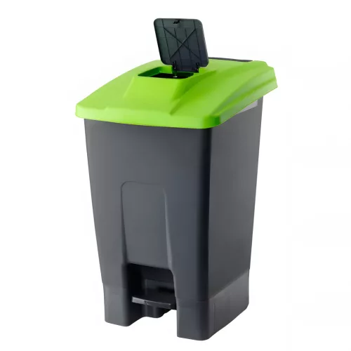 Szelektív hulladékgyűjtő konténer, műanyag, pedálos, fekete/fekete, 100L